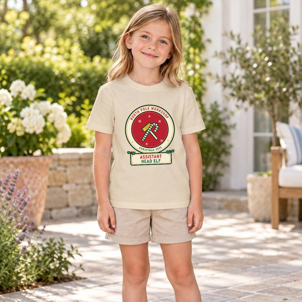 Assistant Head Elf kids Christmas shirt for Big Sister, worn, Sand