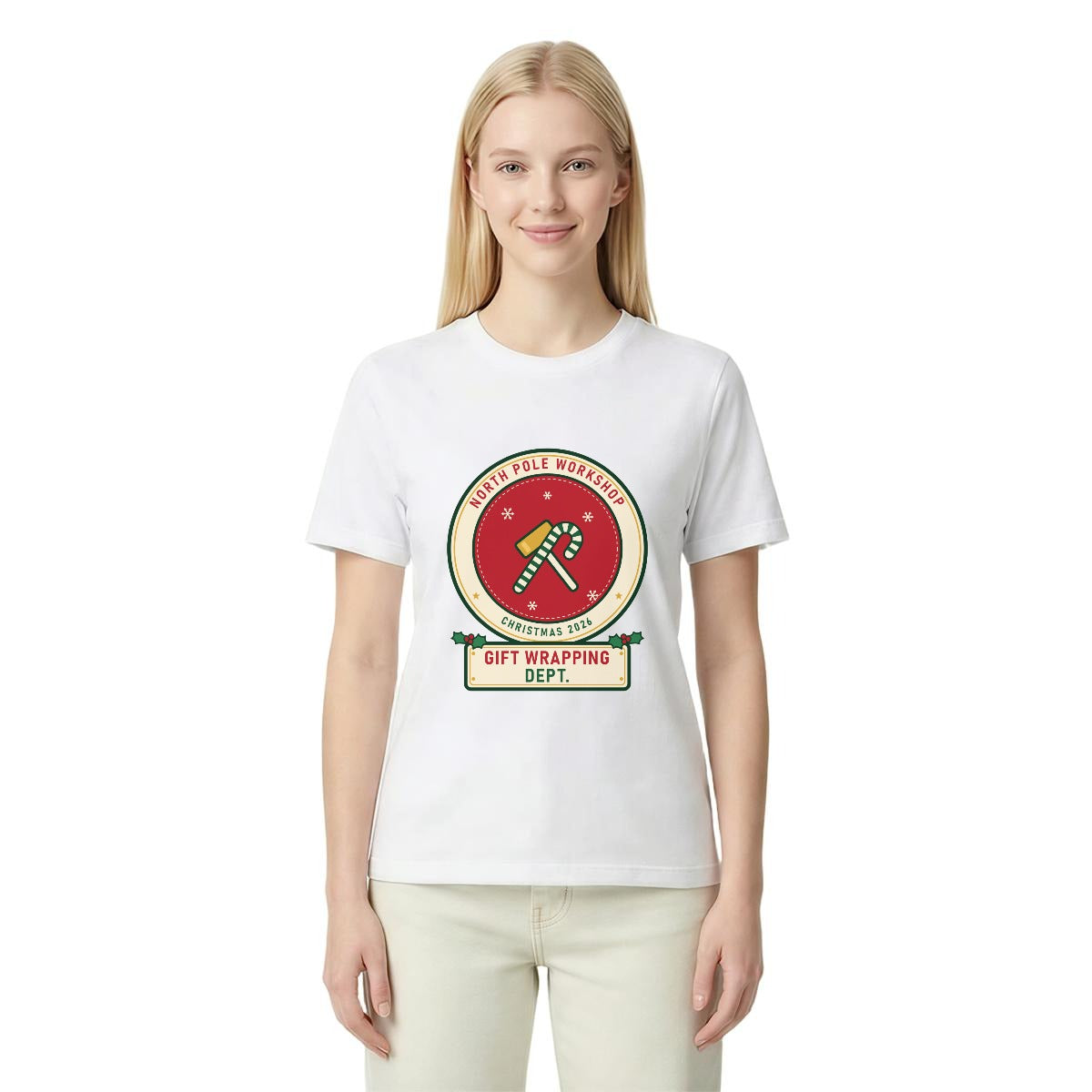 Gift Wrapping Dept. Christmas shirt for Aunt, front, White