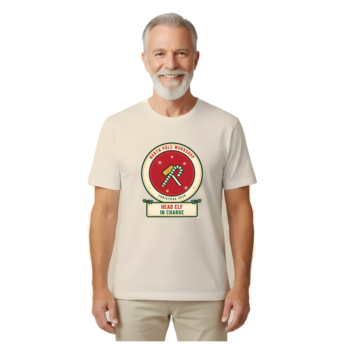 Grandpa wearing the Build Your Own Badge personalized Christmas shirt in Ivory, with HEAD ELF IN CHARGE on the name plate