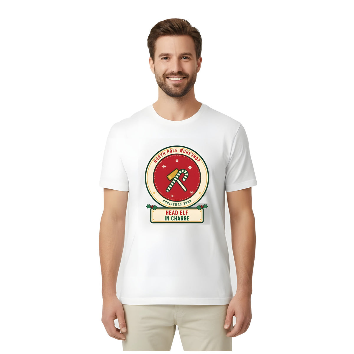 Man wearing the Build Your Own Badge personalized Christmas shirt in White, with HEAD ELF IN CHARGE on the name plate