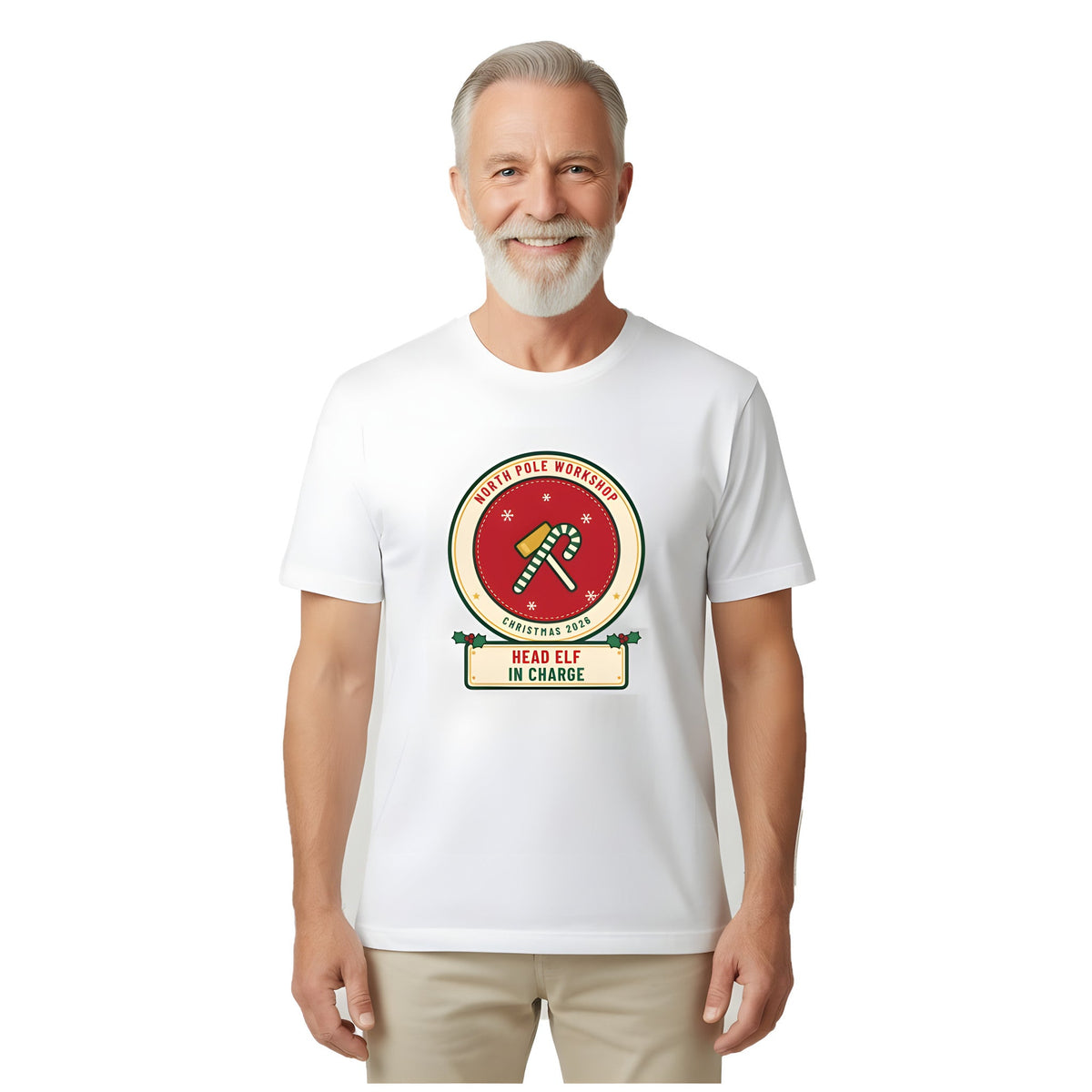 Grandpa wearing the Build Your Own Badge personalized Christmas shirt in White, with HEAD ELF IN CHARGE on the name plate