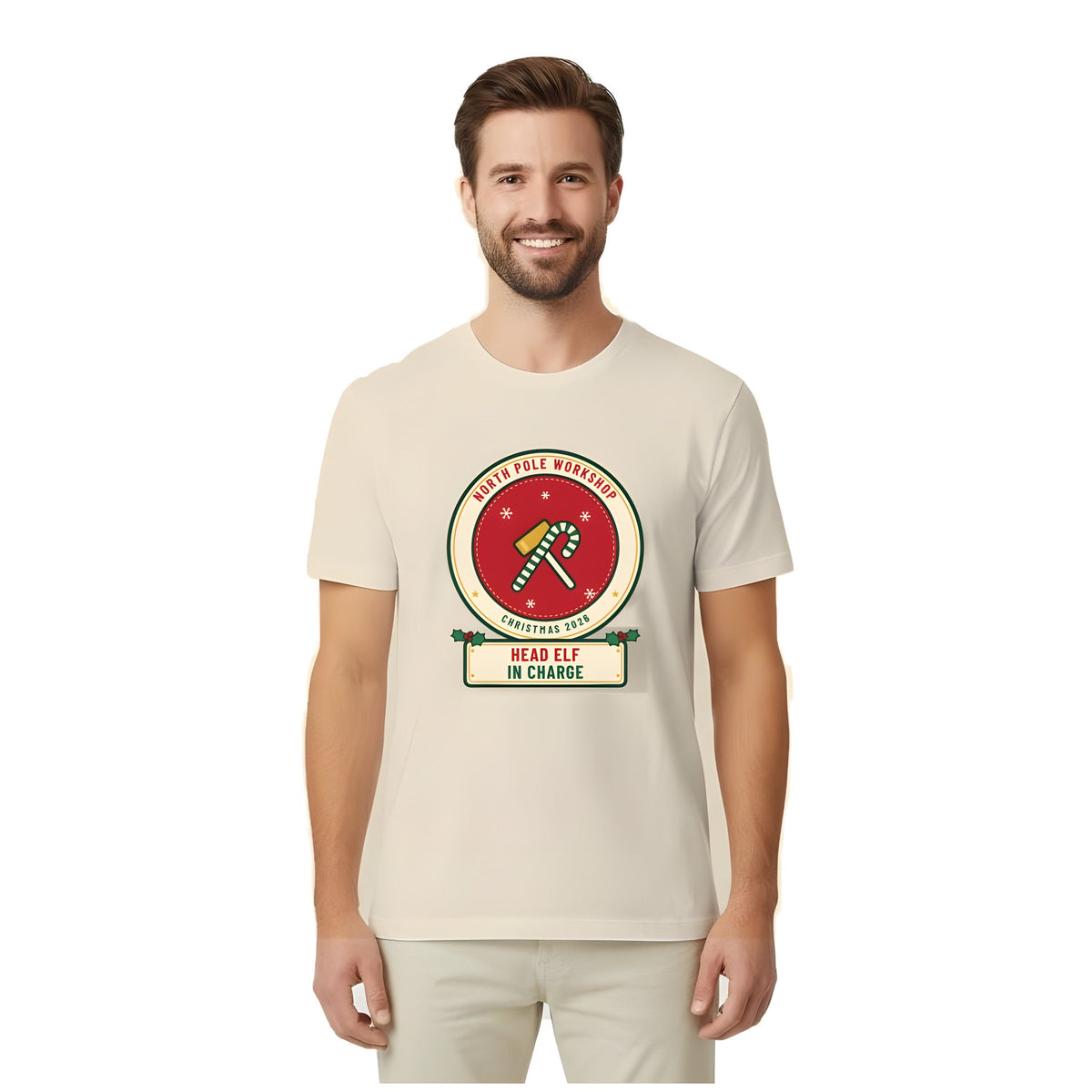 Man wearing the Build Your Own Badge personalized Christmas shirt in Ivory, with HEAD ELF IN CHARGE on the name plate