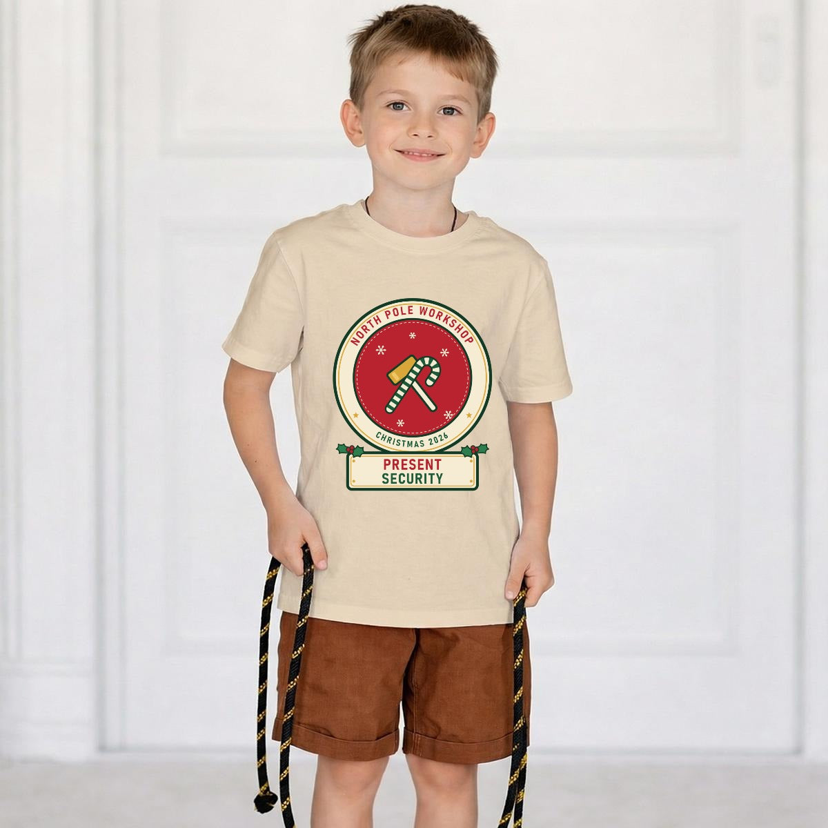 Present Security kids Christmas shirt for Big Brother, worn, Sand