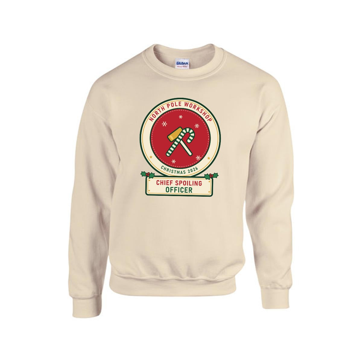 Chief Spoiling Officer Christmas sweatshirt for Grandma, front, Sand