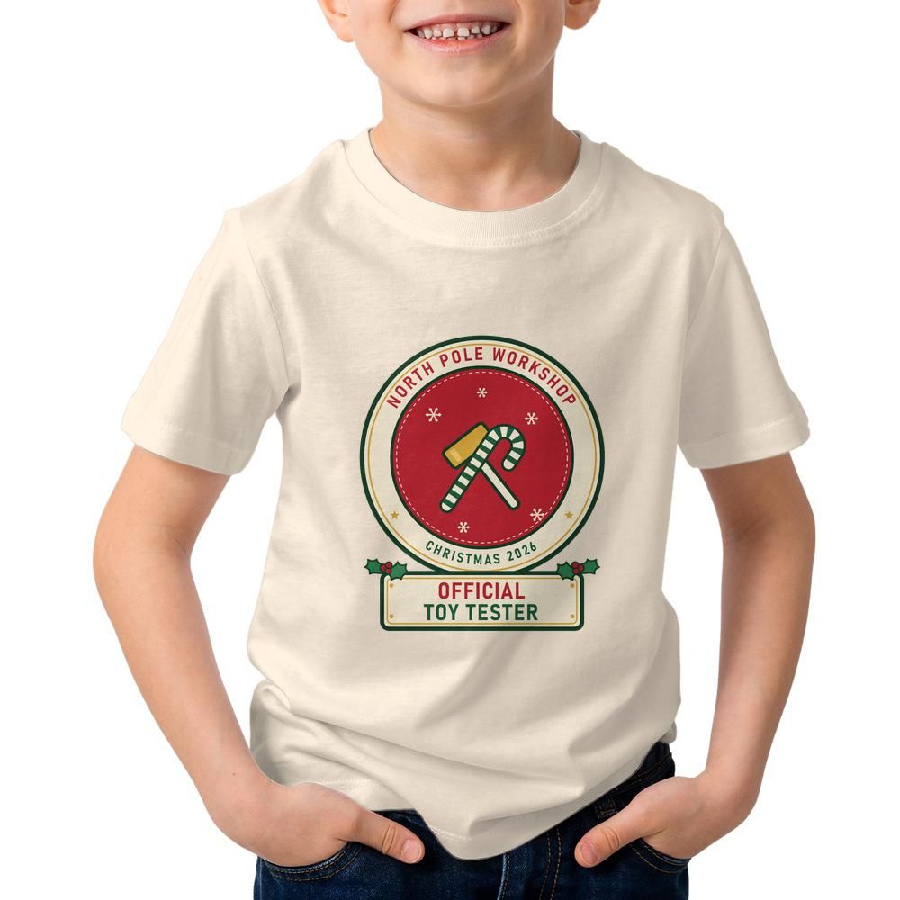 Official Toy Tester toddler Christmas shirt in natural, from the North Pole Workshop family set