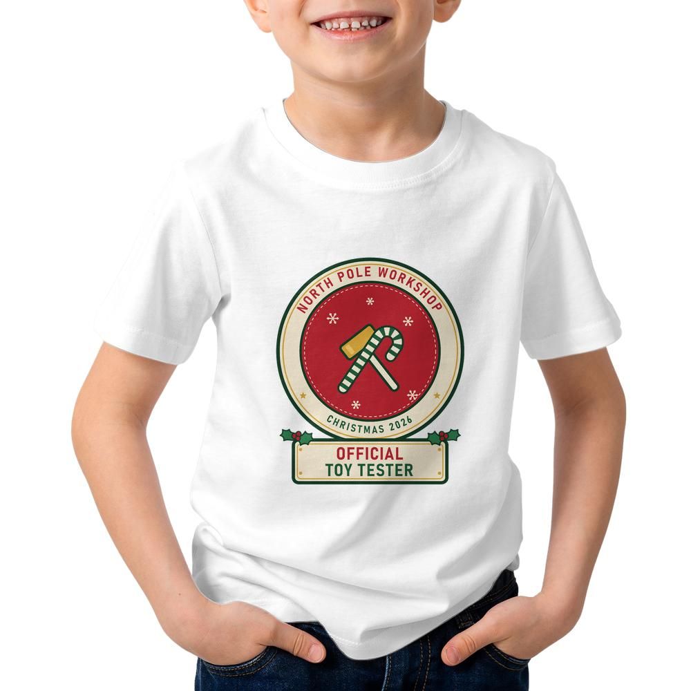 Toddler wearing the Official Toy Tester Christmas shirt in white, from the North Pole Workshop family set