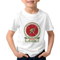 Toddler wearing the Official Toy Tester Christmas shirt in white, from the North Pole Workshop family set