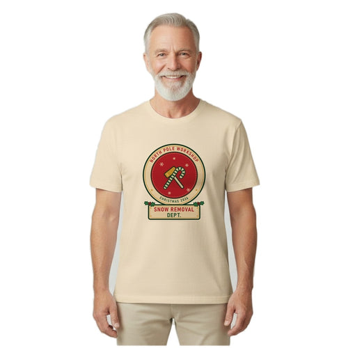 Older man wearing the Snow Removal Dept. Christmas shirt in ivory