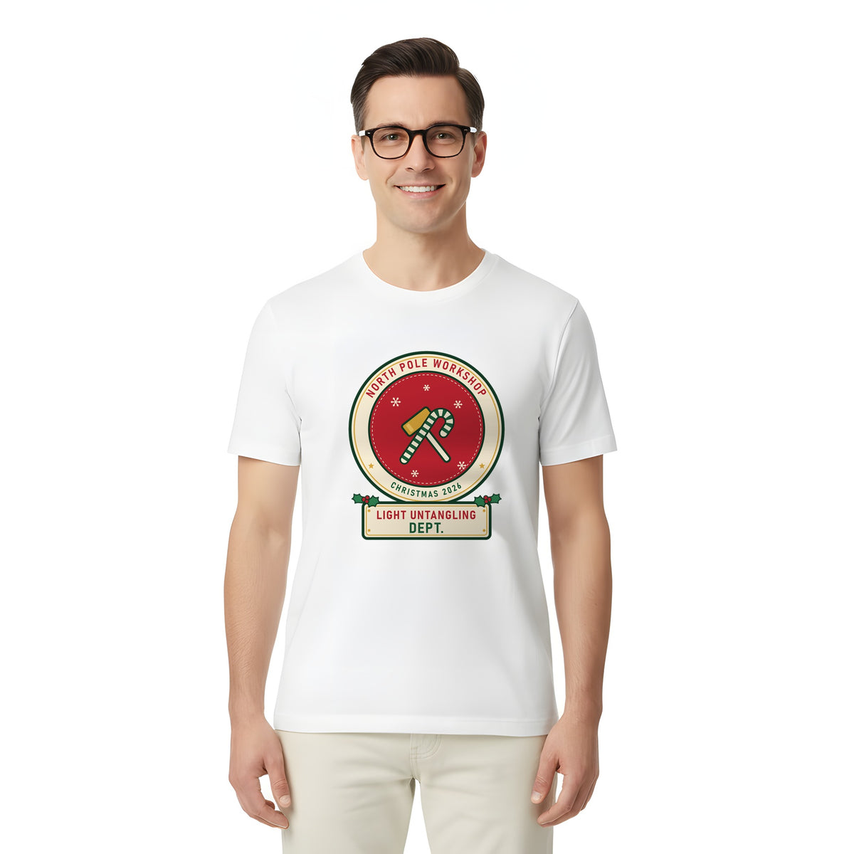 Man wearing the Light Untangling Dept. Christmas shirt in white