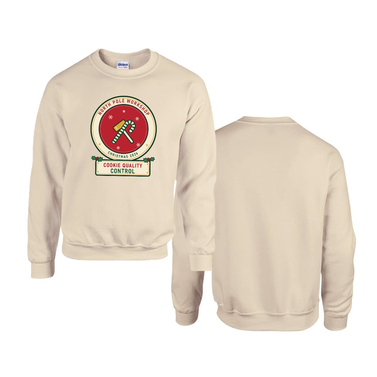 Cookie Quality Control Christmas sweatshirt for Mom, front and back, Sand
